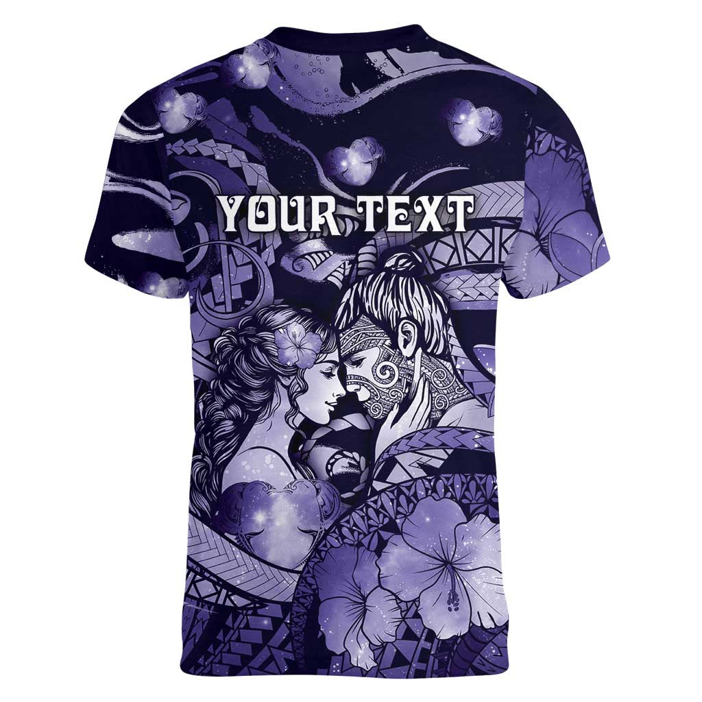 Personalised Maori Romantic Valentine Women V-Neck T-Shirt The Hongi Kiss Purple Galaxy DT05 - Polynesian Pride