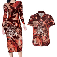 Personalised Maori Romantic Valentine Couples Matching Long Sleeve Bodycon Dress and Hawaiian Shirt The Hongi Kiss Red Galaxy DT05 Red - Polynesian Pride