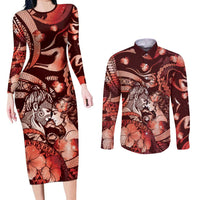 Personalised Maori Romantic Valentine Couples Matching Long Sleeve Bodycon Dress and Long Sleeve Button Shirt The Hongi Kiss Red Galaxy DT05 Red - Polynesian Pride