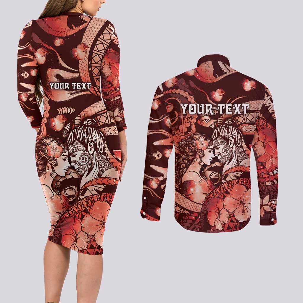 Personalised Maori Romantic Valentine Couples Matching Long Sleeve Bodycon Dress and Long Sleeve Button Shirt The Hongi Kiss Red Galaxy DT05 - Polynesian Pride