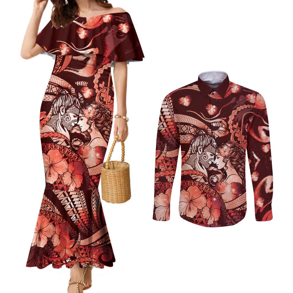 Personalised Maori Romantic Valentine Couples Matching Mermaid Dress and Long Sleeve Button Shirt The Hongi Kiss Red Galaxy DT05 Red - Polynesian Pride