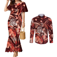 Personalised Maori Romantic Valentine Couples Matching Mermaid Dress and Long Sleeve Button Shirt The Hongi Kiss Red Galaxy DT05 Red - Polynesian Pride