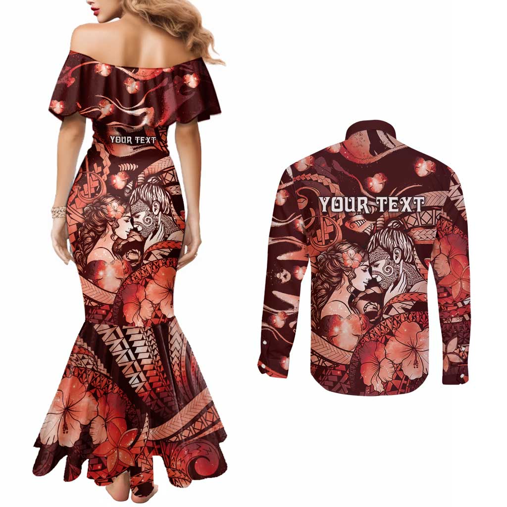 Personalised Maori Romantic Valentine Couples Matching Mermaid Dress and Long Sleeve Button Shirt The Hongi Kiss Red Galaxy DT05 - Polynesian Pride