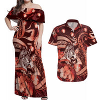 Personalised Maori Romantic Valentine Couples Matching Off Shoulder Maxi Dress and Hawaiian Shirt The Hongi Kiss Red Galaxy DT05 Red - Polynesian Pride