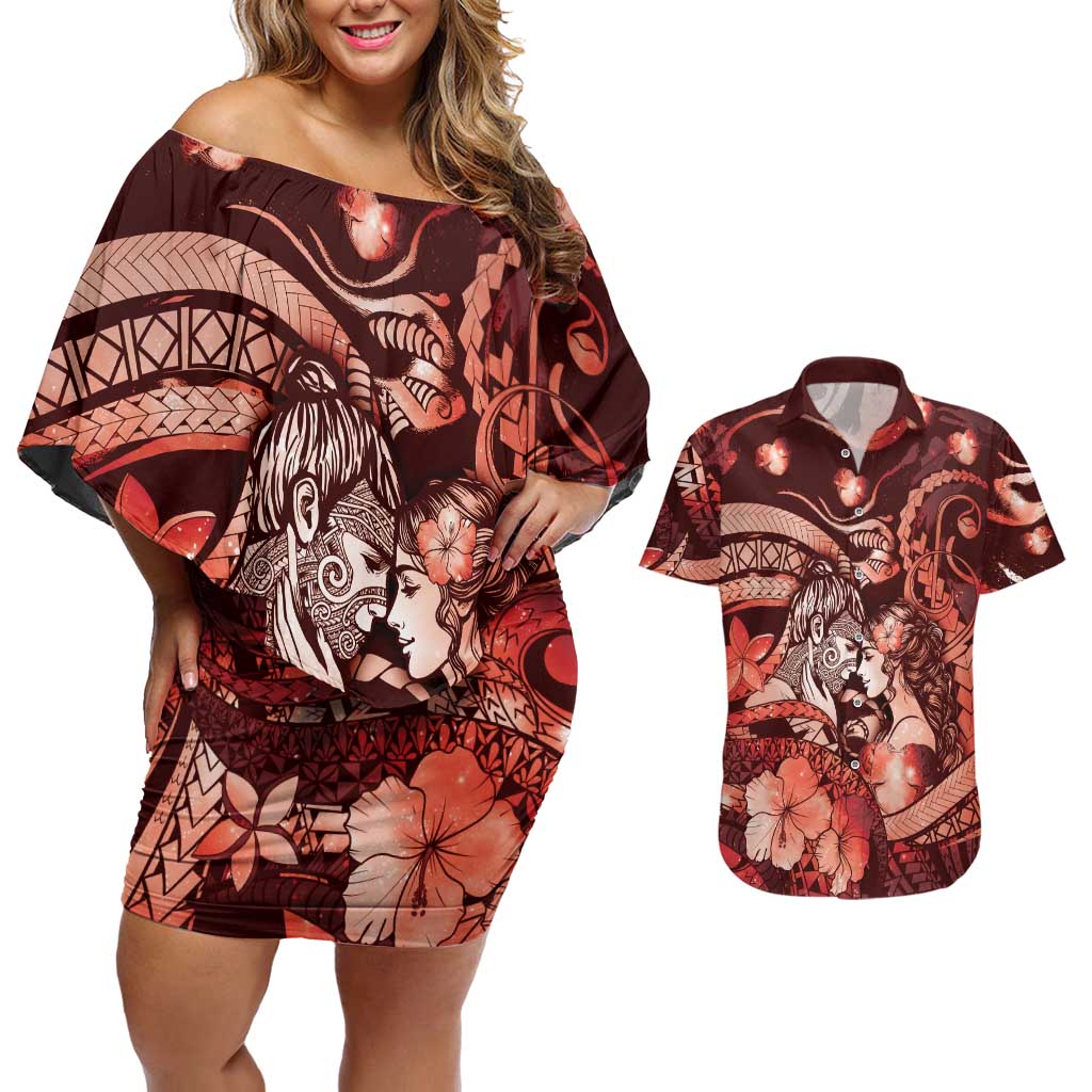Personalised Maori Romantic Valentine Couples Matching Off Shoulder Short Dress and Hawaiian Shirt The Hongi Kiss Red Galaxy DT05 Red - Polynesian Pride