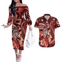 Personalised Maori Romantic Valentine Couples Matching Off The Shoulder Long Sleeve Dress and Hawaiian Shirt The Hongi Kiss Red Galaxy DT05 Red - Polynesian Pride