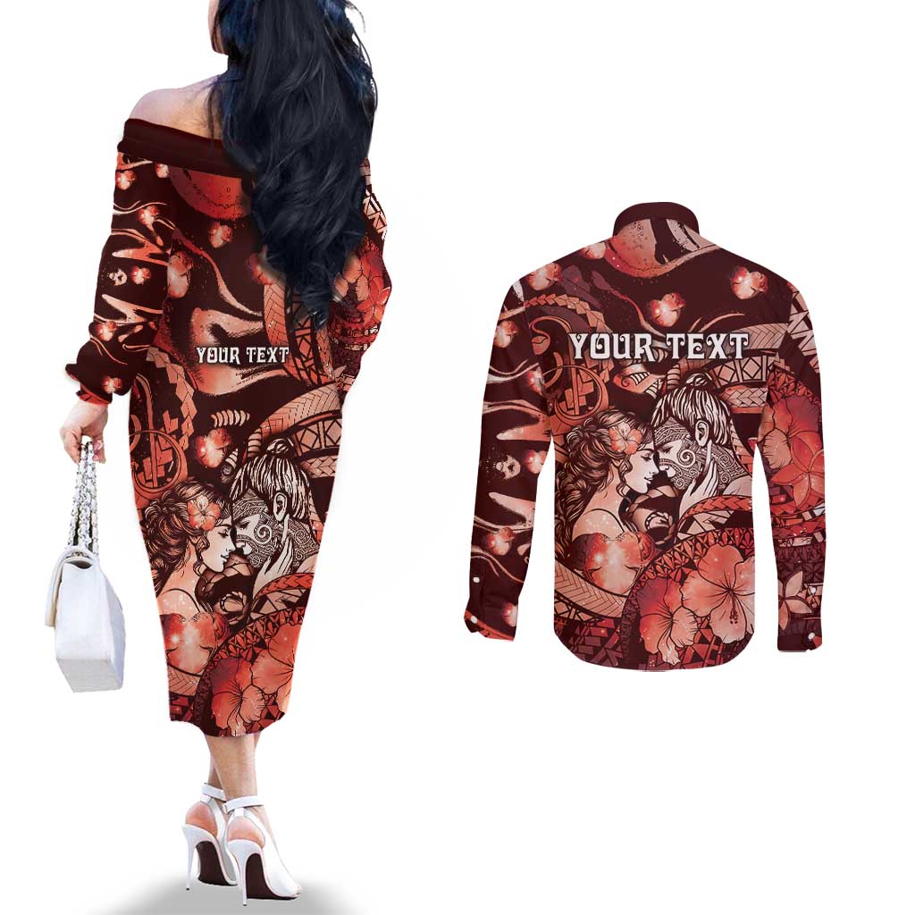 Personalised Maori Romantic Valentine Couples Matching Off The Shoulder Long Sleeve Dress and Long Sleeve Button Shirt The Hongi Kiss Red Galaxy DT05 - Polynesian Pride