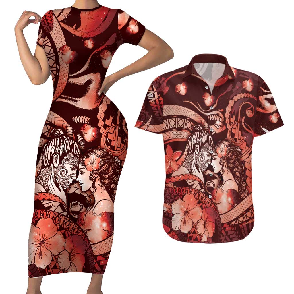 Personalised Maori Romantic Valentine Couples Matching Short Sleeve Bodycon Dress and Hawaiian Shirt The Hongi Kiss Red Galaxy DT05 Red - Polynesian Pride