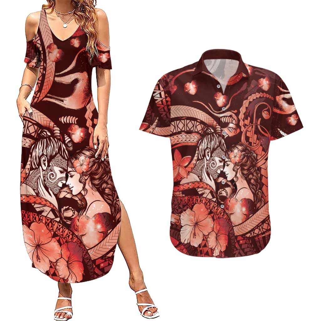 Personalised Maori Romantic Valentine Couples Matching Summer Maxi Dress and Hawaiian Shirt The Hongi Kiss Red Galaxy DT05 Red - Polynesian Pride