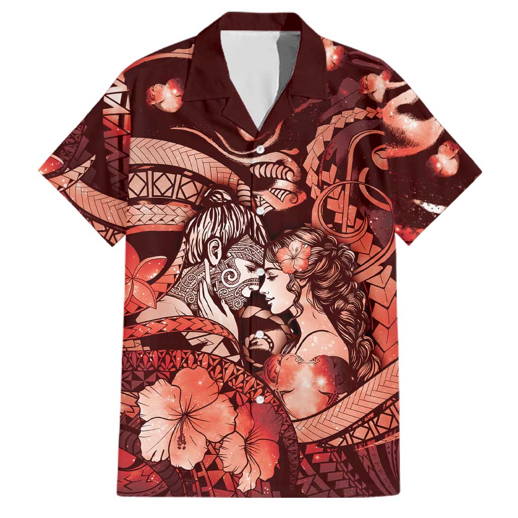 Personalised Maori Romantic Valentine Family Matching Long Sleeve Bodycon Dress and Hawaiian Shirt The Hongi Kiss Red Galaxy DT05 Dad's Shirt - Short Sleeve Red - Polynesian Pride