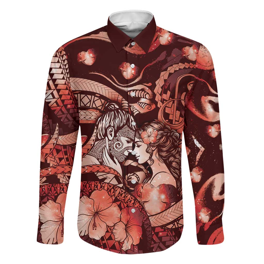 Personalised Maori Romantic Valentine Family Matching Mermaid Dress and Hawaiian Shirt The Hongi Kiss Red Galaxy DT05 Dad's Shirt - Long Sleeve Red - Polynesian Pride