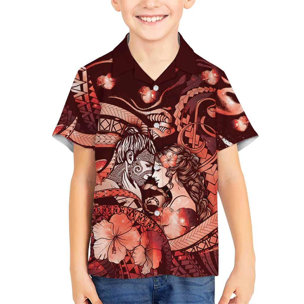 Personalised Maori Romantic Valentine Family Matching Off The Shoulder Long Sleeve Dress and Hawaiian Shirt The Hongi Kiss Red Galaxy DT05 Son's Shirt Red - Polynesian Pride
