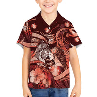 Personalised Maori Romantic Valentine Family Matching Off The Shoulder Long Sleeve Dress and Hawaiian Shirt The Hongi Kiss Red Galaxy DT05 Son's Shirt Red - Polynesian Pride