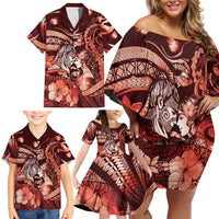 Personalised Maori Romantic Valentine Family Matching Off Shoulder Short Dress and Hawaiian Shirt The Hongi Kiss Red Galaxy DT05 - Polynesian Pride