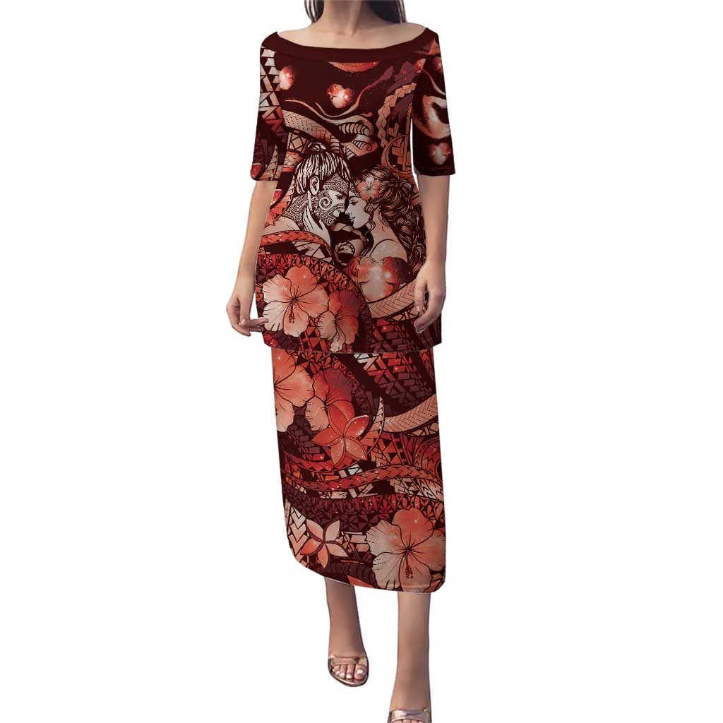 Personalised Maori Romantic Valentine Family Matching Puletasi and Hawaiian Shirt The Hongi Kiss Red Galaxy DT05 Mom's Dress Red - Polynesian Pride