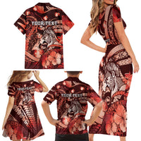 Personalised Maori Romantic Valentine Family Matching Short Sleeve Bodycon Dress and Hawaiian Shirt The Hongi Kiss Red Galaxy DT05 - Polynesian Pride