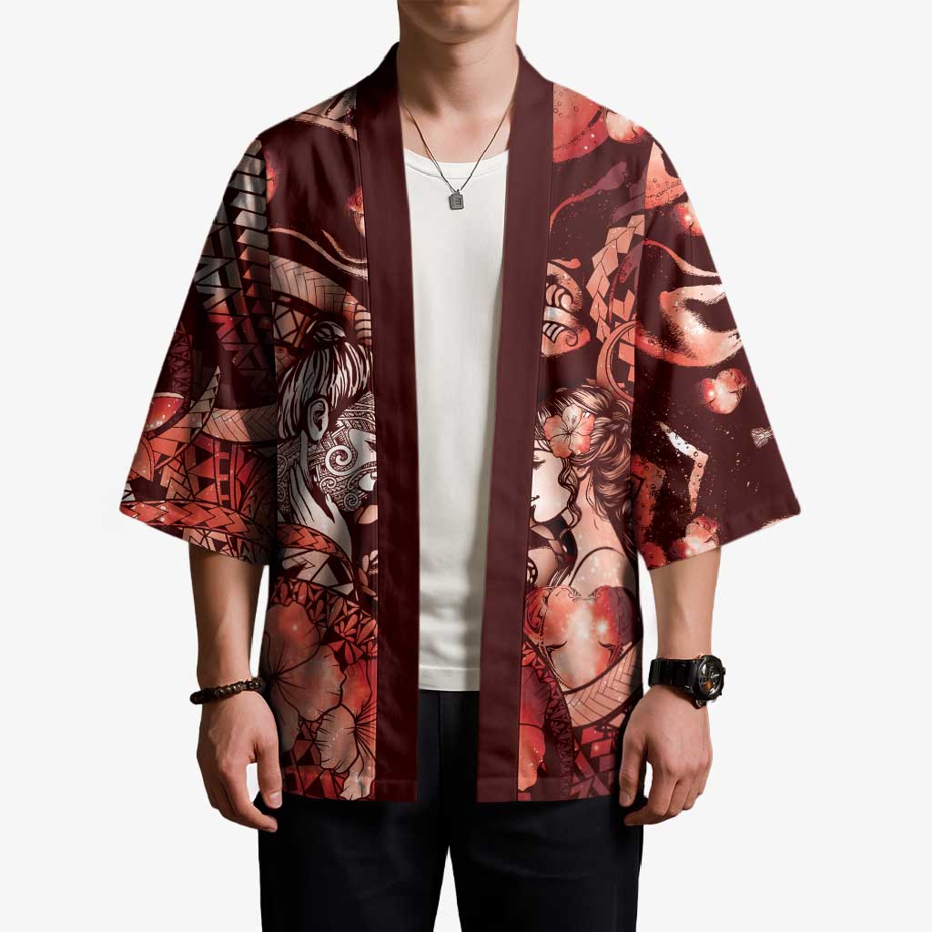Personalised Maori Romantic Valentine Kimono The Hongi Kiss Red Galaxy