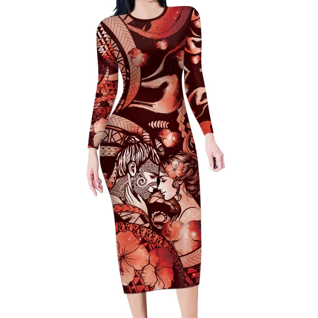 Personalised Maori Romantic Valentine Long Sleeve Bodycon Dress The Hongi Kiss Red Galaxy