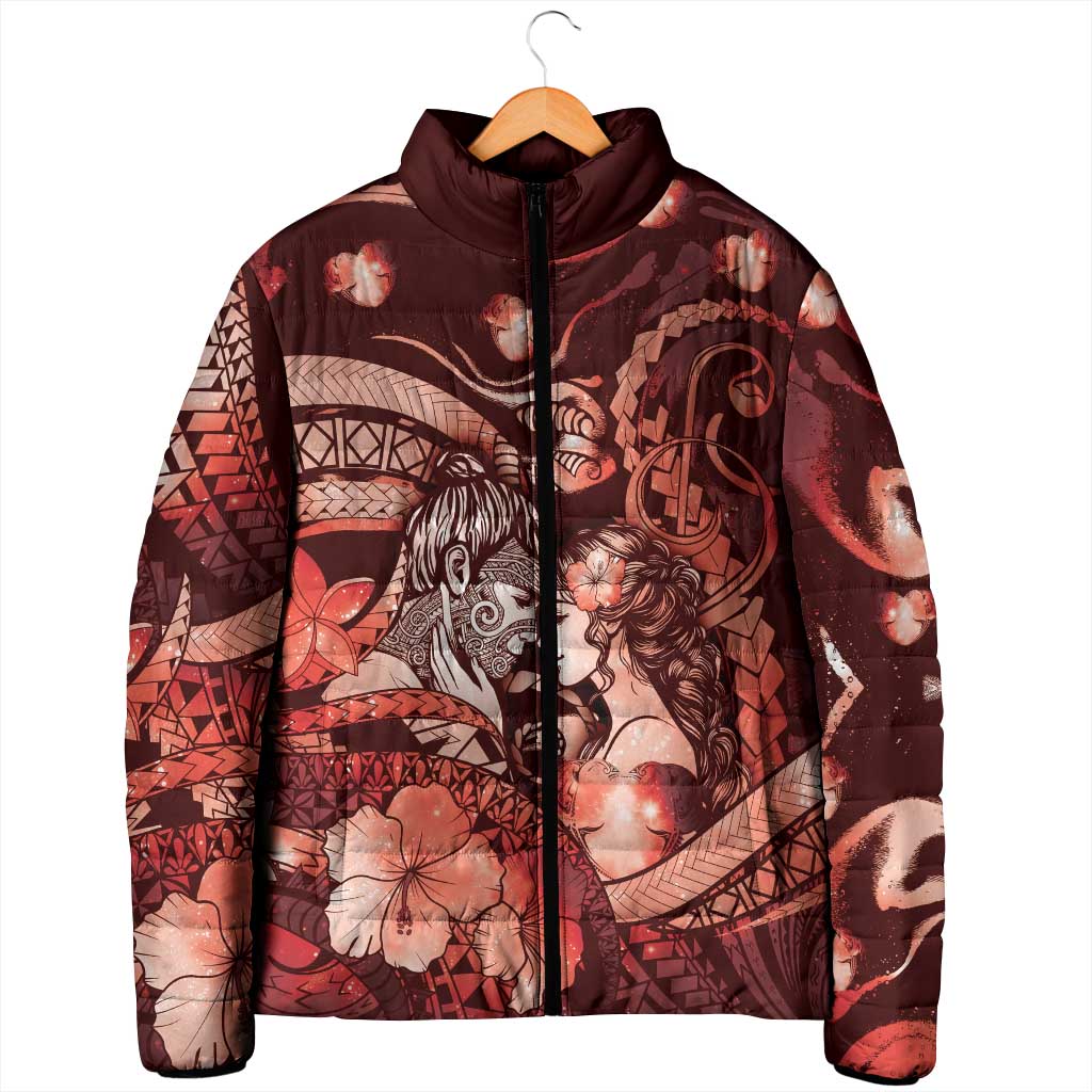 Personalised Maori Romantic Valentine Padded Jacket The Hongi Kiss Red Galaxy
