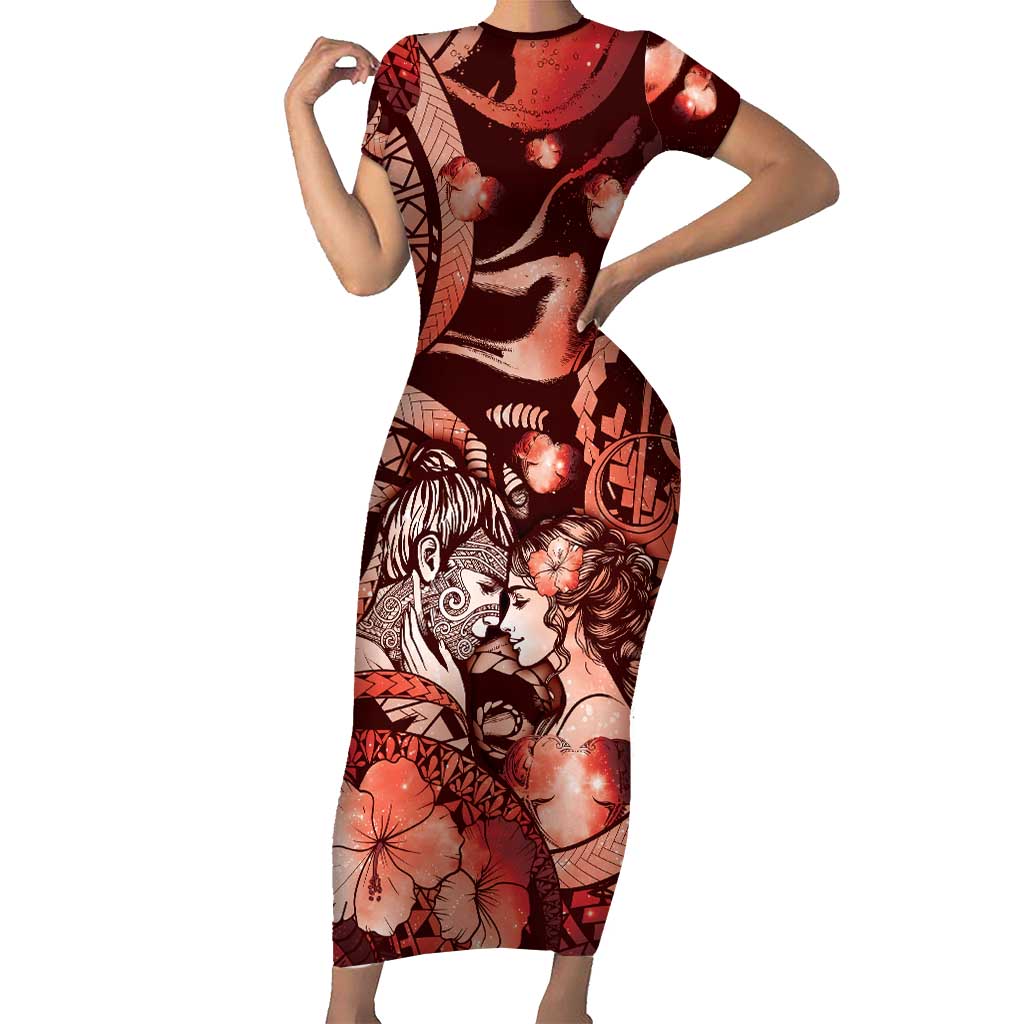 Personalised Maori Romantic Valentine Short Sleeve Bodycon Dress The Hongi Kiss Red Galaxy