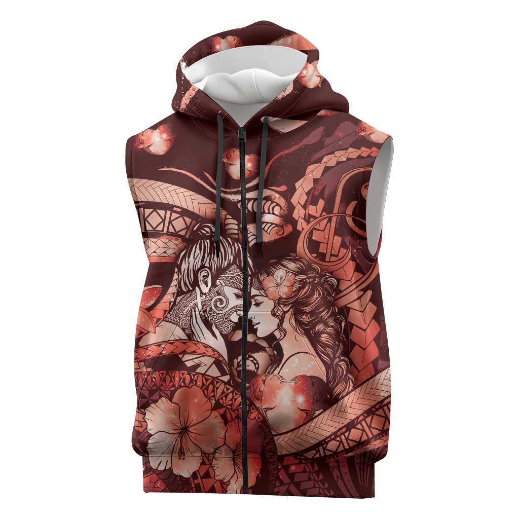 Personalised Maori Romantic Valentine Sleeveless Zip Hoodie The Hongi Kiss Red Galaxy