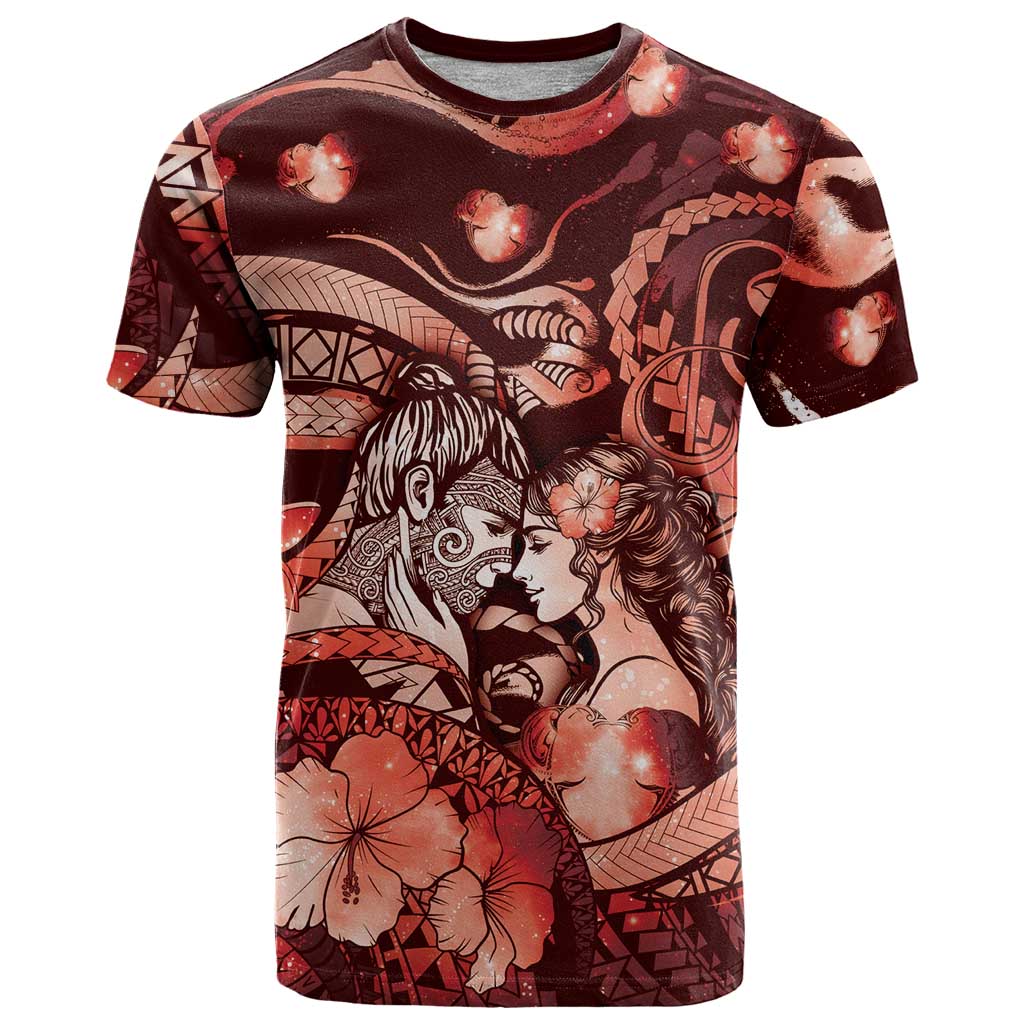Personalised Maori Romantic Valentine T Shirt The Hongi Kiss Red Galaxy
