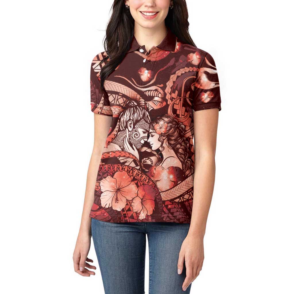 Personalised Maori Romantic Valentine Women Polo Shirt The Hongi Kiss Red Galaxy DT05 - Polynesian Pride