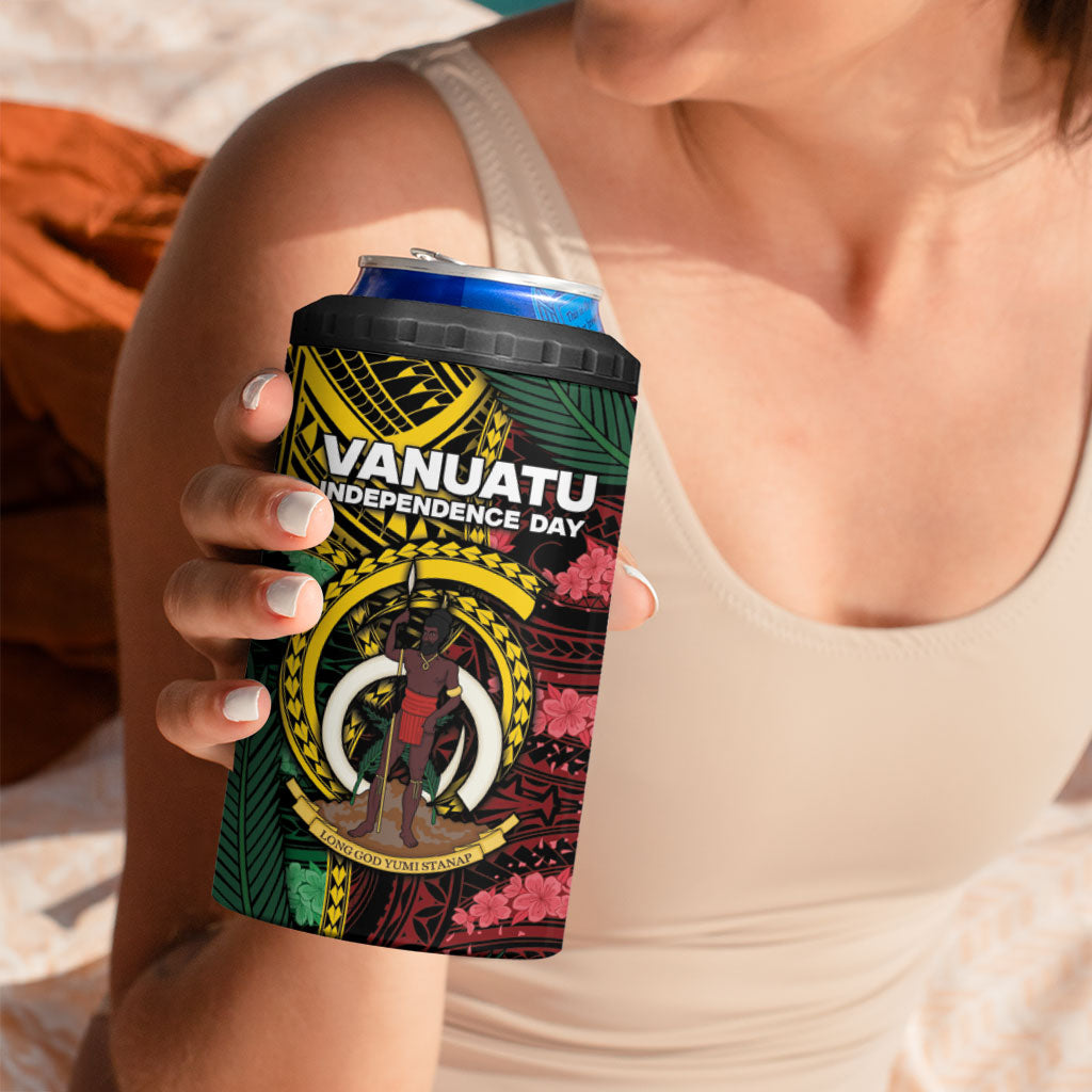 Personalised Vanuatu Independence Day 4 in 1 Can Cooler Tumbler Boar Tusk Warrior Tribal Floral Patterns