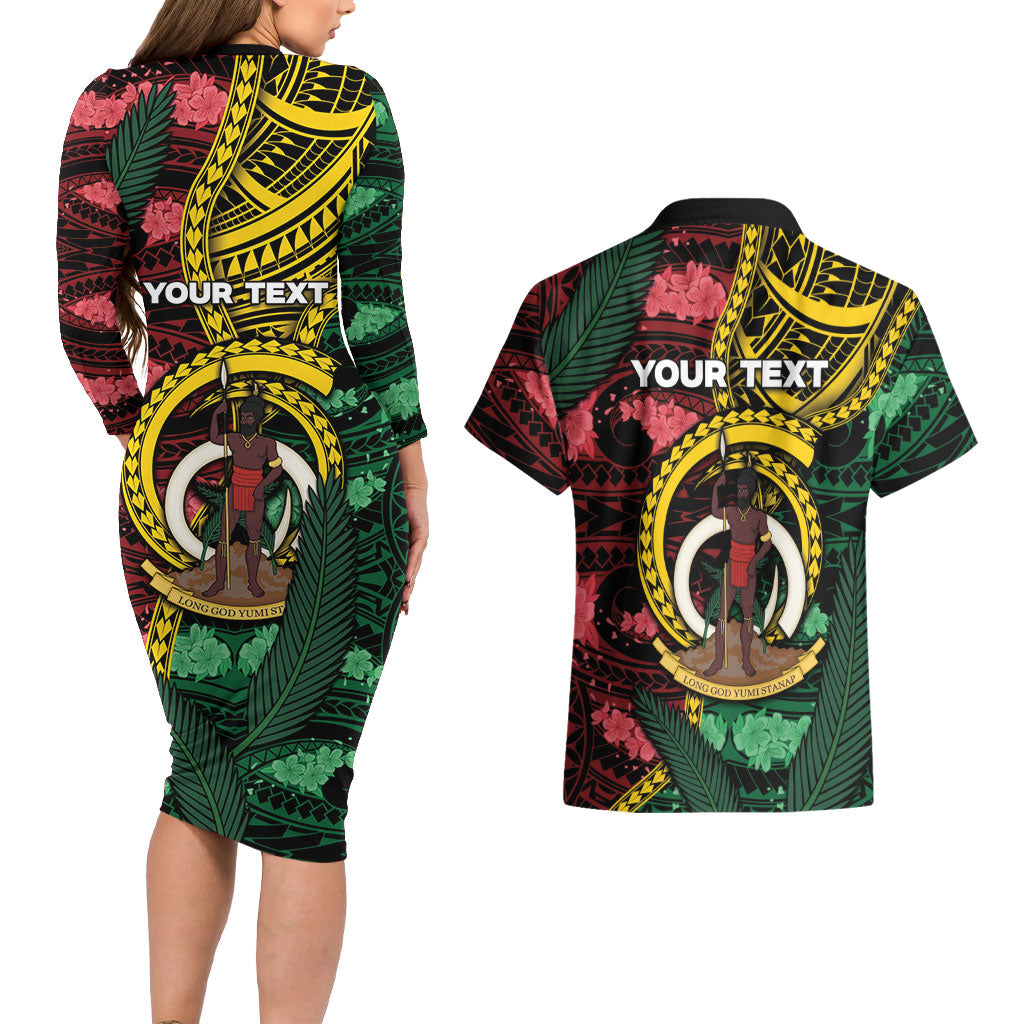 Personalised Vanuatu Independence Day Couples Matching Long Sleeve Bodycon Dress and Hawaiian Shirt Boar Tusk Warrior Tribal Floral Patterns