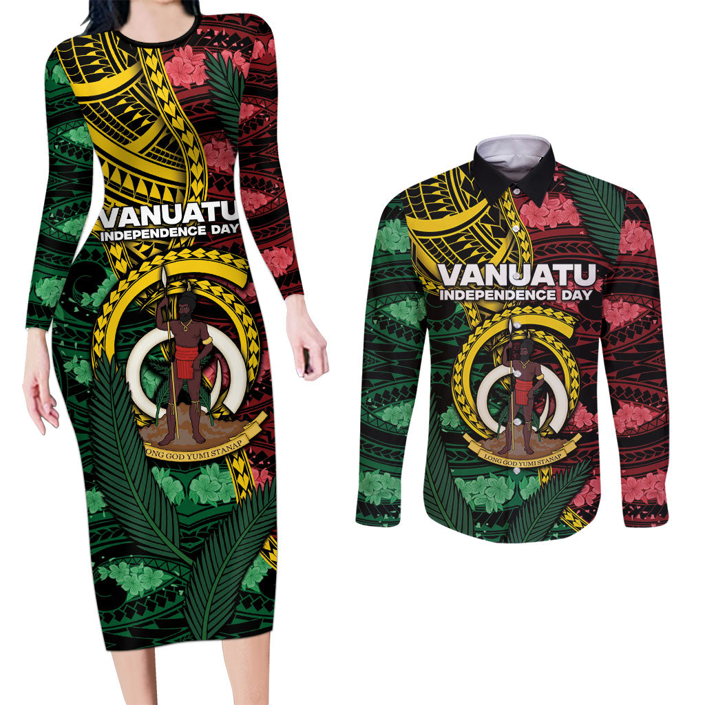 Personalised Vanuatu Independence Day Couples Matching Long Sleeve Bodycon Dress and Long Sleeve Button Shirt Boar Tusk Warrior Tribal Floral Patterns DT05 Multicolor - Polynesian Pride