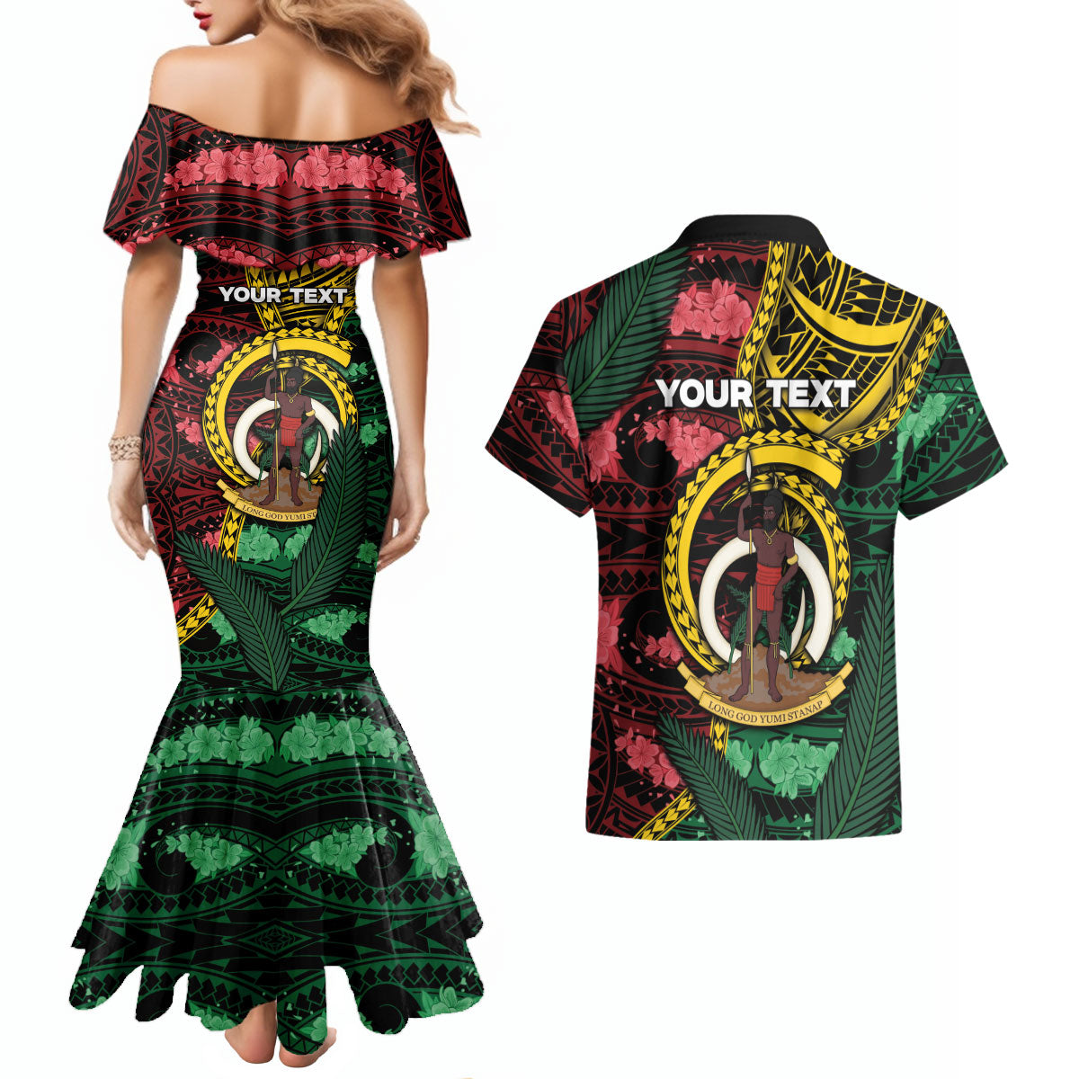 Personalised Vanuatu Independence Day Couples Matching Mermaid Dress and Hawaiian Shirt Boar Tusk Warrior Tribal Floral Patterns