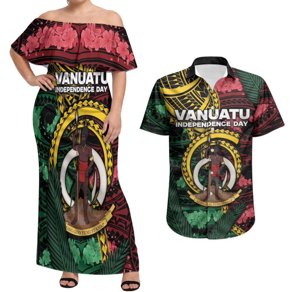 Personalised Vanuatu Independence Day Couples Matching Off Shoulder Maxi Dress and Hawaiian Shirt Boar Tusk Warrior Tribal Floral Patterns DT05 Multicolor - Polynesian Pride
