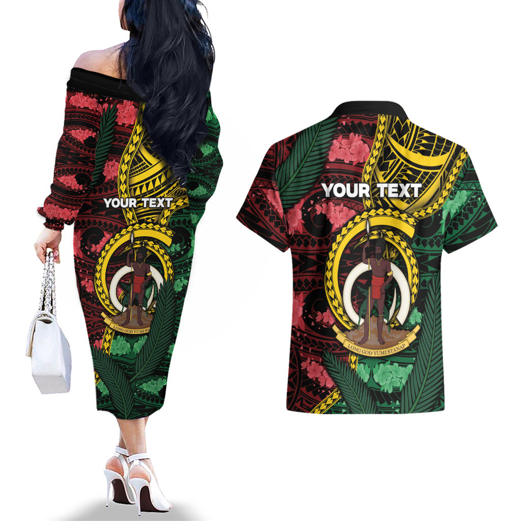 Personalised Vanuatu Independence Day Couples Matching Off The Shoulder Long Sleeve Dress and Hawaiian Shirt Boar Tusk Warrior Tribal Floral Patterns