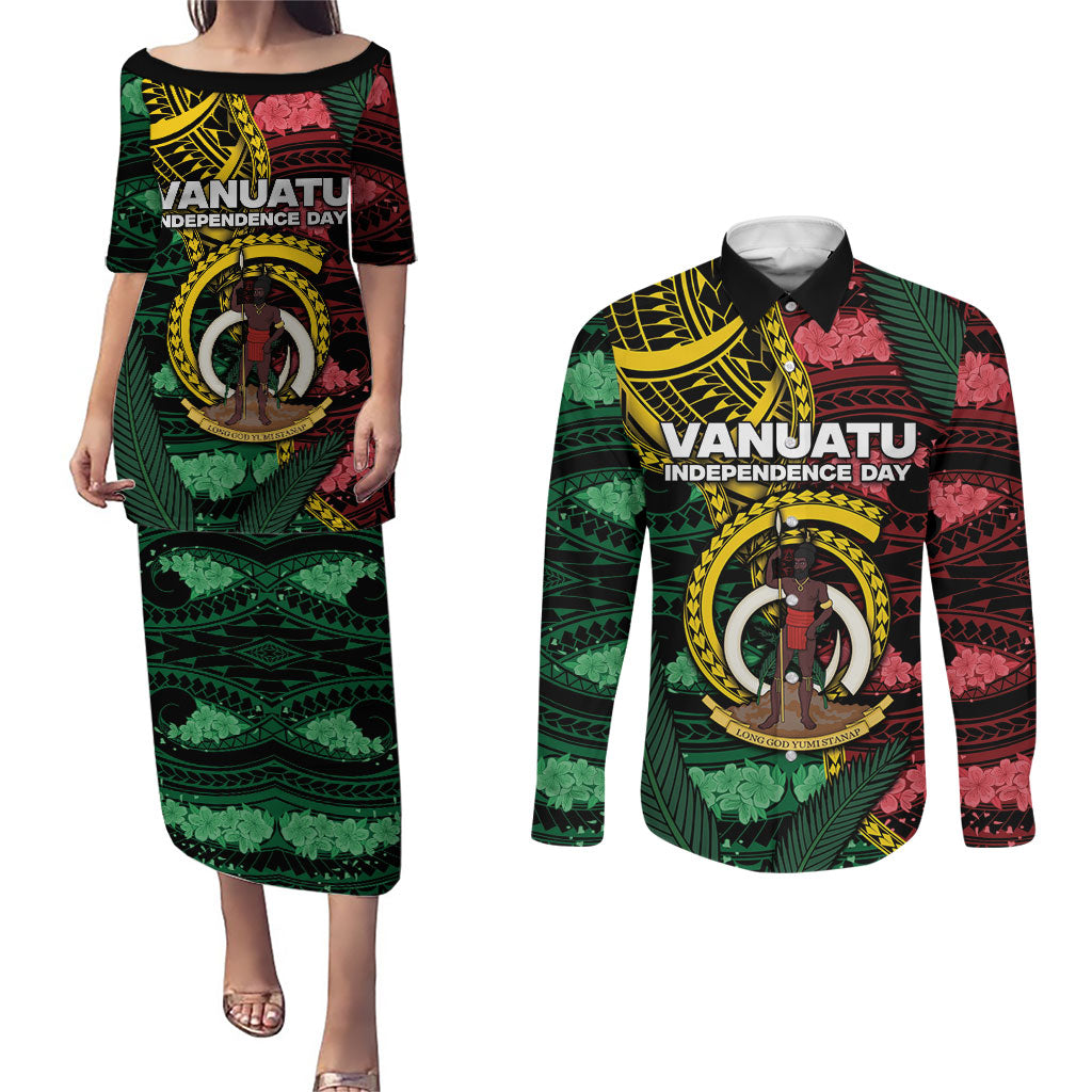 Personalised Vanuatu Independence Day Couples Matching Puletasi and Long Sleeve Button Shirt Boar Tusk Warrior Tribal Floral Patterns DT05 Multicolor - Polynesian Pride