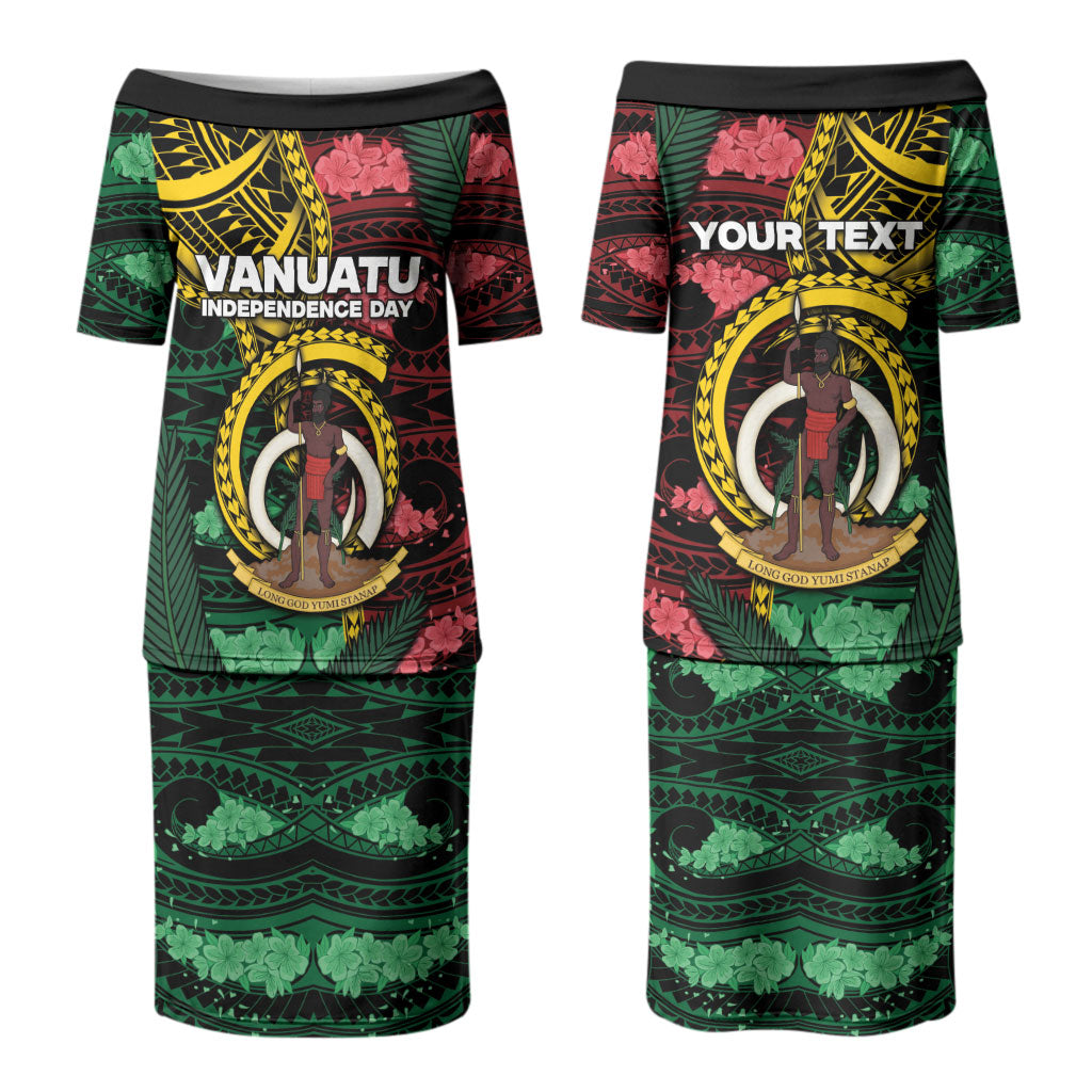 Personalised Vanuatu Independence Day Couples Matching Puletasi and Long Sleeve Button Shirt Boar Tusk Warrior Tribal Floral Patterns DT05 - Polynesian Pride