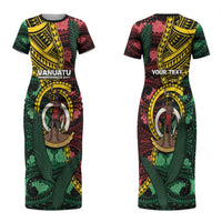 Personalised Vanuatu Independence Day Couples Matching Short Sleeve Bodycon Dress and Hawaiian Shirt Boar Tusk Warrior Tribal Floral Patterns DT05 - Polynesian Pride
