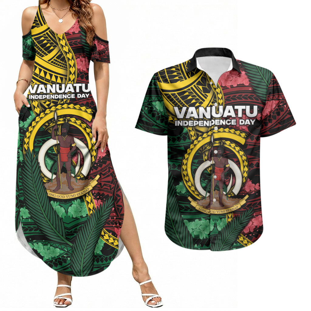 Personalised Vanuatu Independence Day Couples Matching Summer Maxi Dress and Hawaiian Shirt Boar Tusk Warrior Tribal Floral Patterns DT05 Multicolor - Polynesian Pride