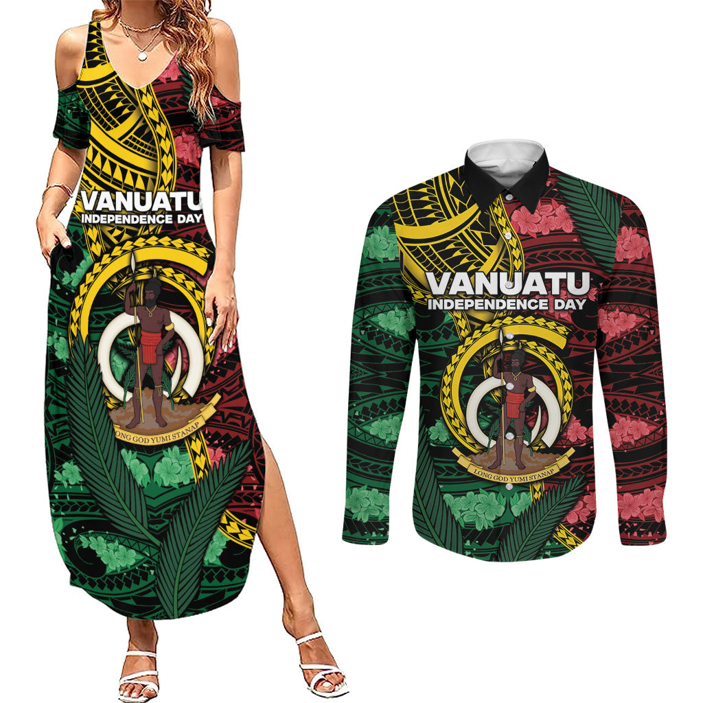 Personalised Vanuatu Independence Day Couples Matching Summer Maxi Dress and Long Sleeve Button Shirt Boar Tusk Warrior Tribal Floral Patterns DT05 Multicolor - Polynesian Pride