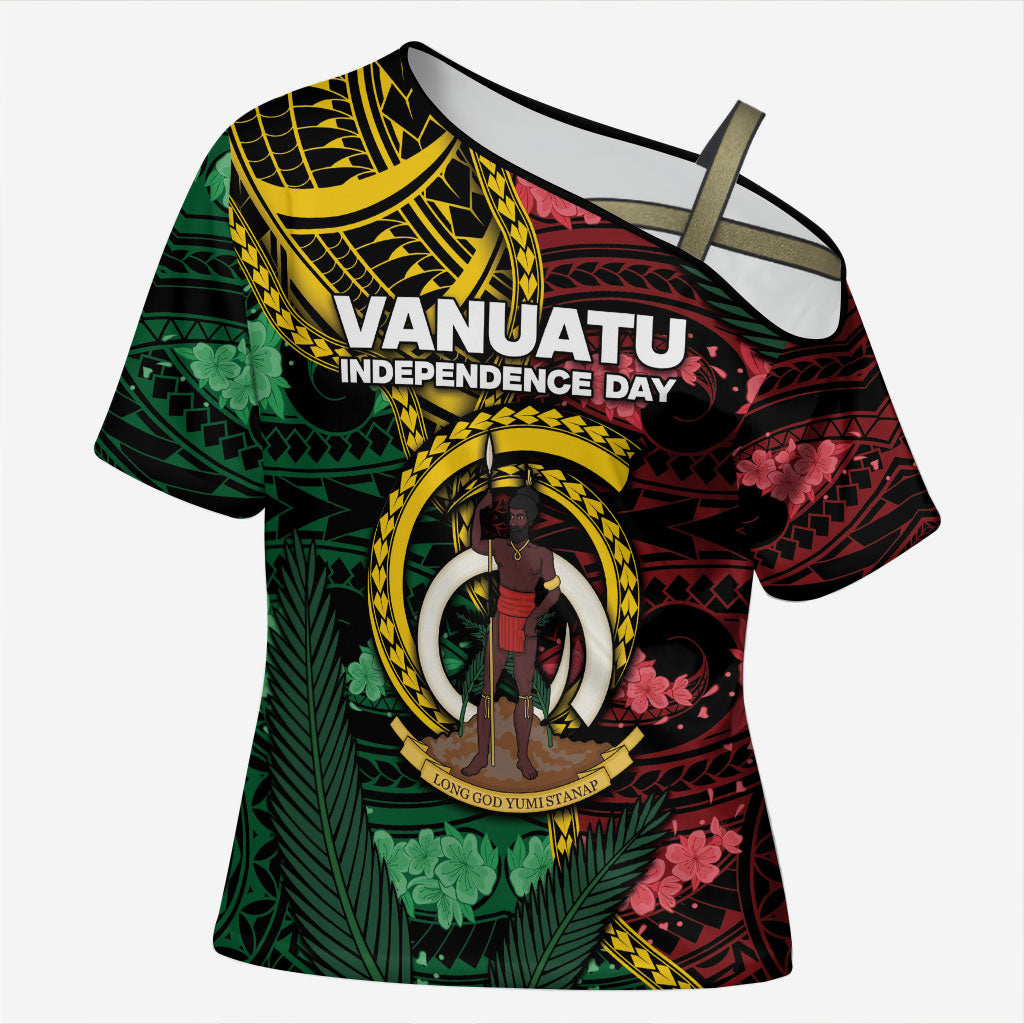 Personalised Vanuatu Independence Day Cross Shoulder Shirt Boar Tusk Warrior Tribal Floral Patterns DT05 Female Multicolor - Polynesian Pride