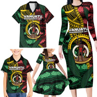 Personalised Vanuatu Independence Day Family Matching Long Sleeve Bodycon Dress and Hawaiian Shirt Boar Tusk Warrior Tribal Floral Patterns