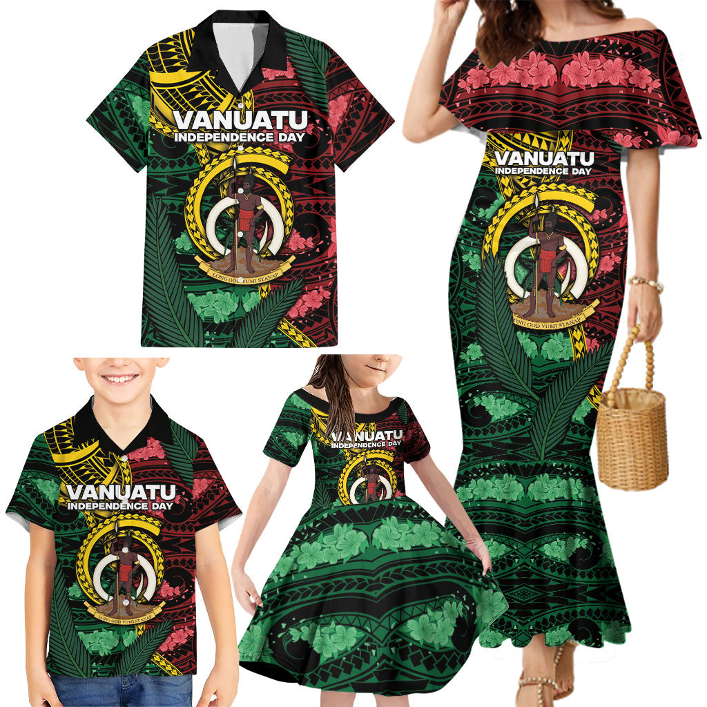 Personalised Vanuatu Independence Day Family Matching Mermaid Dress and Hawaiian Shirt Boar Tusk Warrior Tribal Floral Patterns