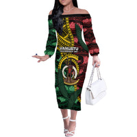 Personalised Vanuatu Independence Day Family Matching Off The Shoulder Long Sleeve Dress and Hawaiian Shirt Boar Tusk Warrior Tribal Floral Patterns