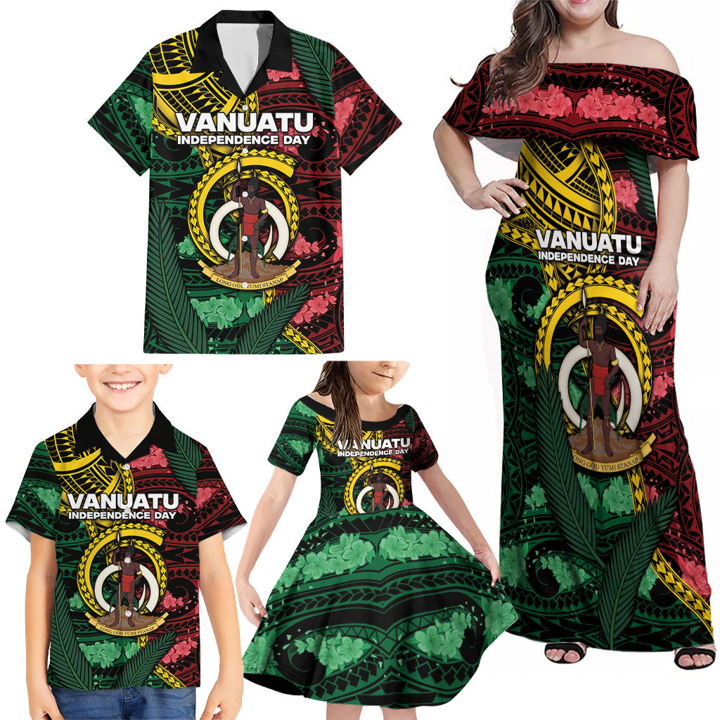 Personalised Vanuatu Independence Day Family Matching Off Shoulder Maxi Dress and Hawaiian Shirt Boar Tusk Warrior Tribal Floral Patterns DT05 - Polynesian Pride