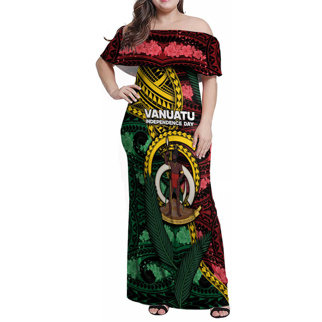 Personalised Vanuatu Independence Day Family Matching Off Shoulder Maxi Dress and Hawaiian Shirt Boar Tusk Warrior Tribal Floral Patterns