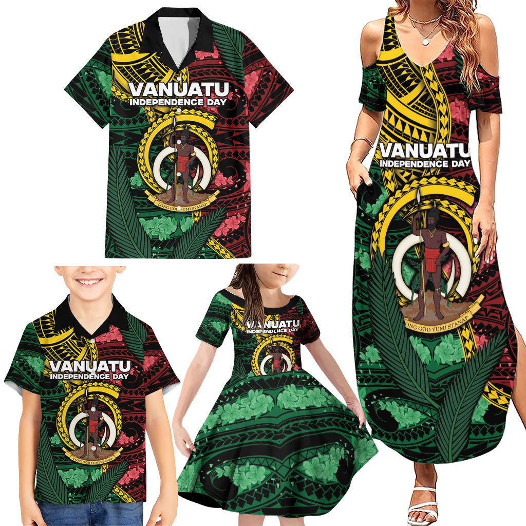 Personalised Vanuatu Independence Day Family Matching Summer Maxi Dress and Hawaiian Shirt Boar Tusk Warrior Tribal Floral Patterns