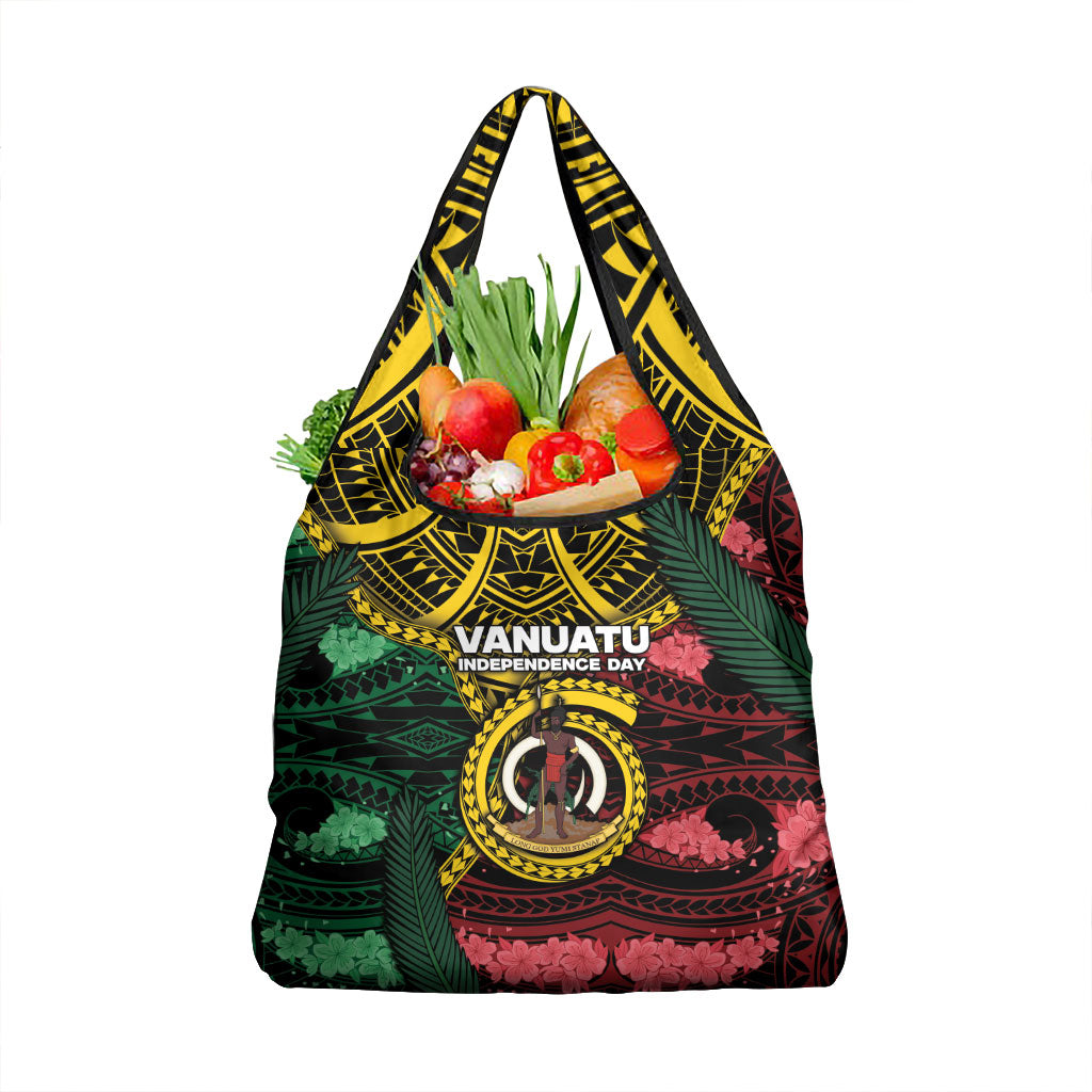 Vanuatu Independence Day Grocery Bag Boar Tusk Warrior Tribal Floral Patterns