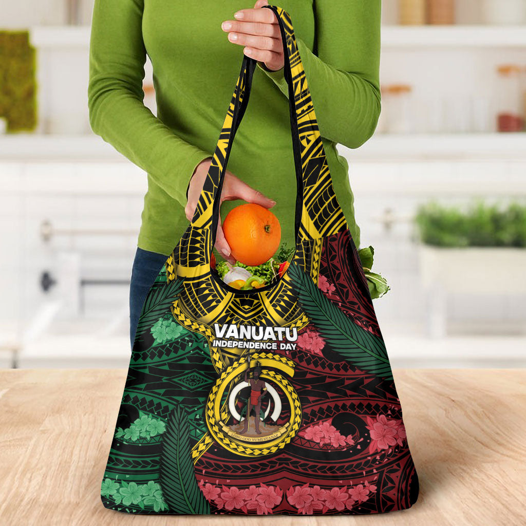 Vanuatu Independence Day Grocery Bag Boar Tusk Warrior Tribal Floral Patterns