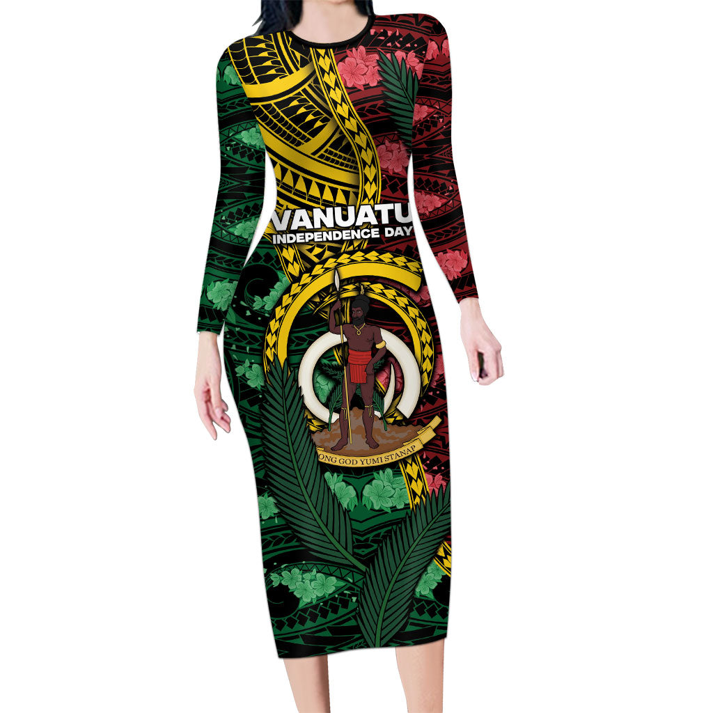 Personalised Vanuatu Independence Day Long Sleeve Bodycon Dress Boar Tusk Warrior Tribal Floral Patterns DT05 Long Dress Multicolor - Polynesian Pride