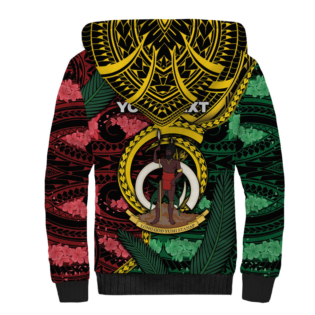 Personalised Vanuatu Independence Day Sherpa Hoodie Boar Tusk Warrior Tribal Floral Patterns