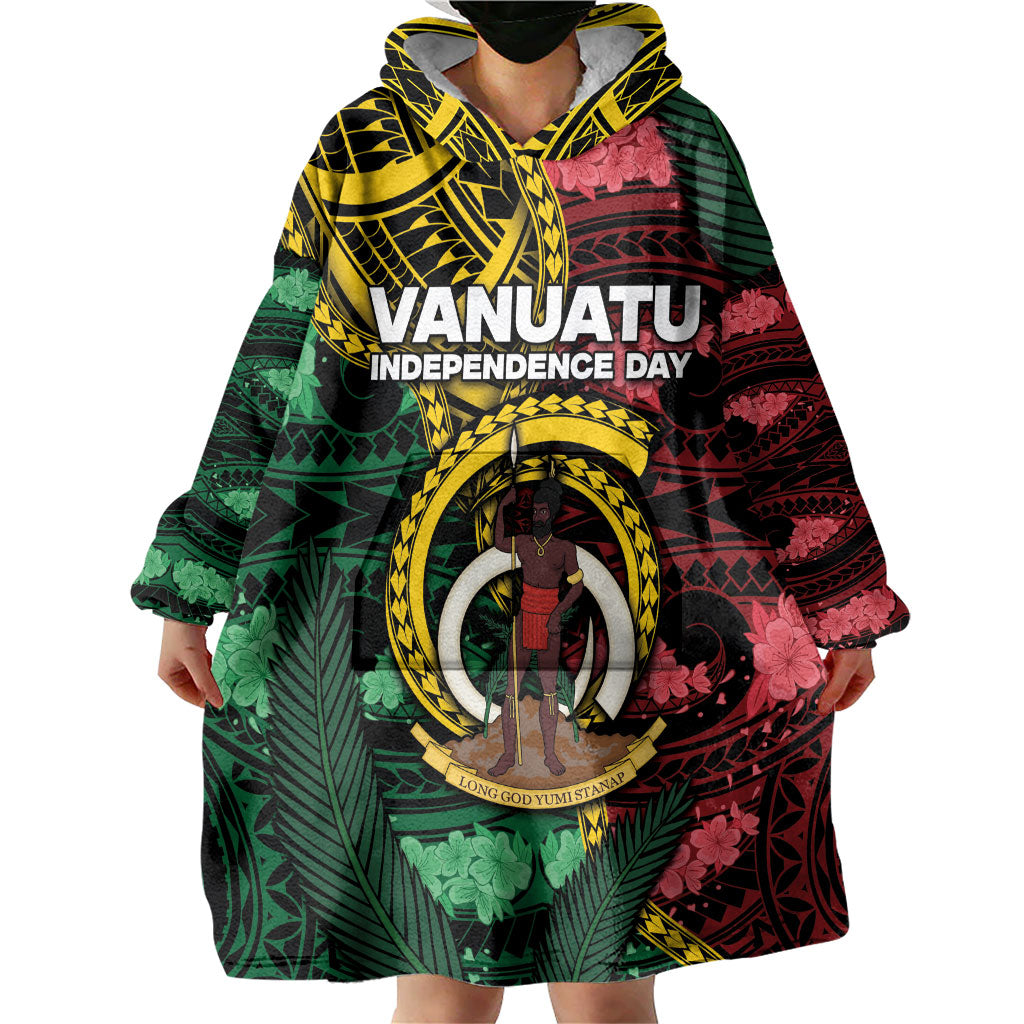 Personalised Vanuatu Independence Day Wearable Blanket Hoodie Boar Tusk Warrior Tribal Floral Patterns